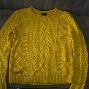 Yellow polo cable knit sweater with pink polo embroidered stitching
